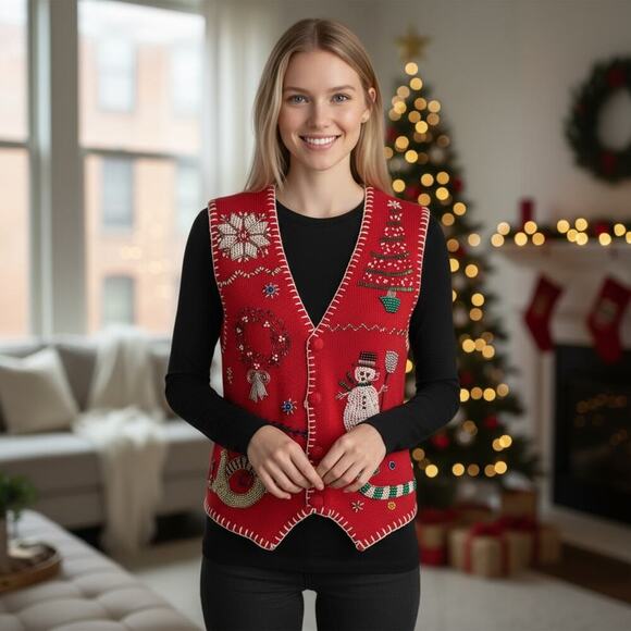 Victoria Jones Women's Beaded + Knit Red Christmas Vest Size Medium - Picture 1 of 12